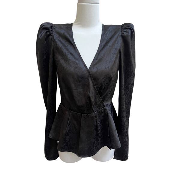 free press Tops - Free Press Satin Top Long Puff Sleeve V Neck Peplum Faux Wrap XS Floral Witchy